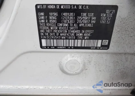 2021 Honda Hr-V 2Wd Lx из США, поврежденный, VIN 3CZRU5H31MM718659